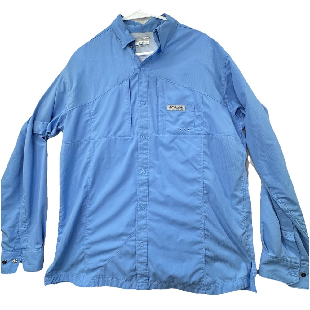 Columbia PFG Blood and Guts Fishing Shirt Mens Medium Blue Long Sleeve Outdoor
